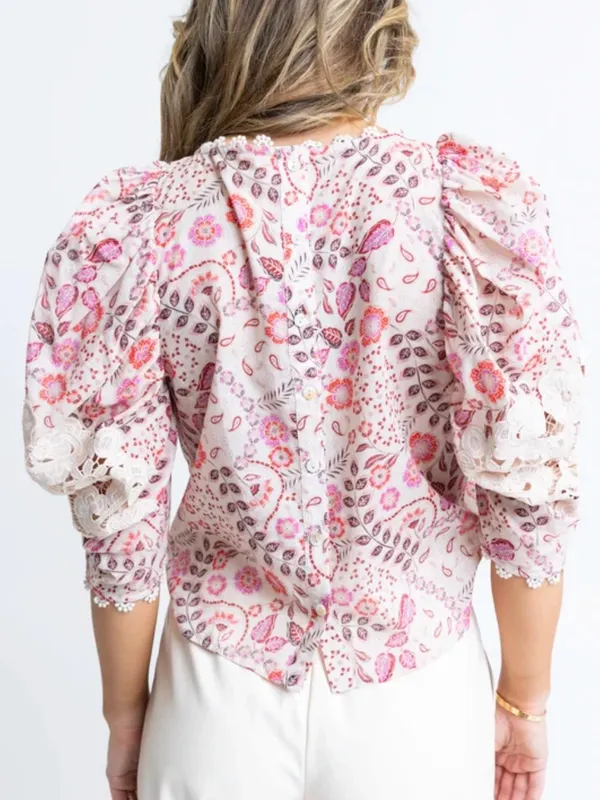 Karlie Womens Paris Floral Crochet Trim Top Blouse Pink Large - Image 7