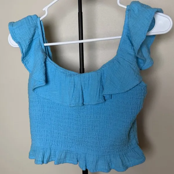American Eagle Blue Cotton Blend Ruffles Shirred Bodice Tank Top Size Small NWT - Image 2