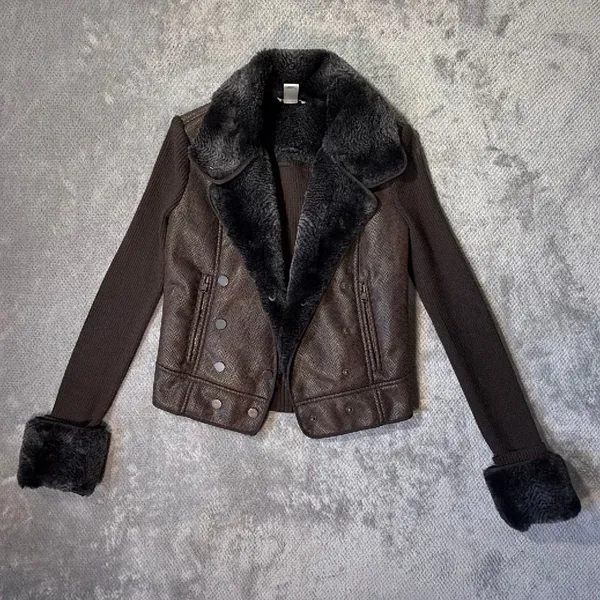 Cache Brown Faux Fur Trim Moto Jacket Size S Wool Blend Rib Knit Snakeskin Textu - Image 3