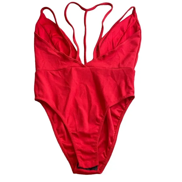Missguided Red Plunge Bodysuit Strappy‎ Size 2 Snap Bottom - Image 3