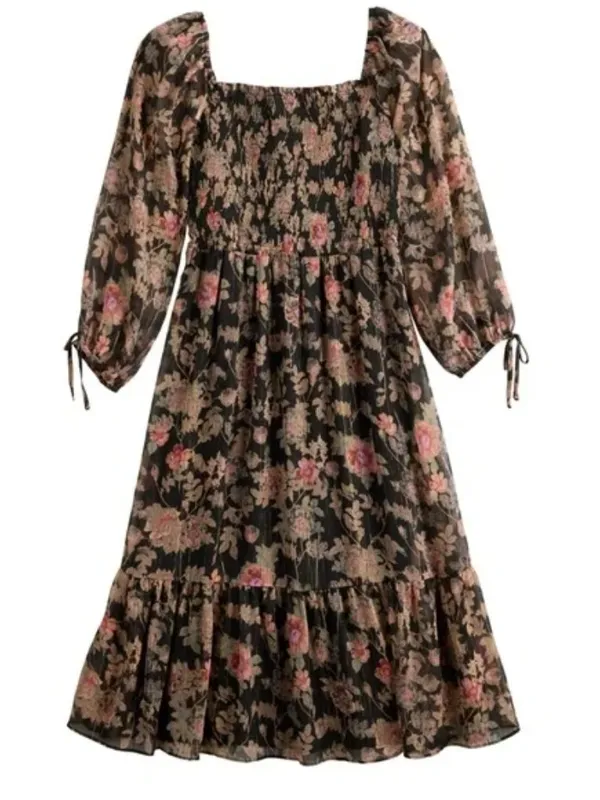 LC Lauren Conrad Black Pink Floral Cottage Romantic Smocked Bodice Midi Dress - Image 2