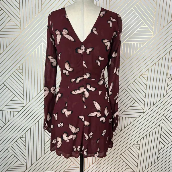 Reformation Butterfly Print Long Sleeve Mini Dress Maroon Red Size‎ 2 - Image 6