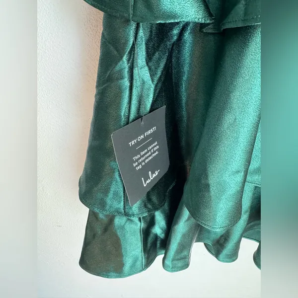 NWT Lulus Tiers of Joy Emerald Green Satin Tie- Back Tiered Mini Dress - Image 7