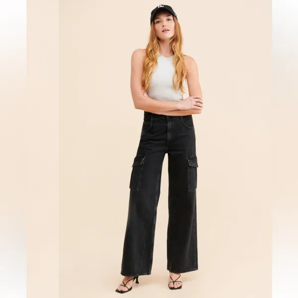 Agolde Minka Cargo Denim Wide-leg Jeans in Black W1887 Sz 28 - Image 3