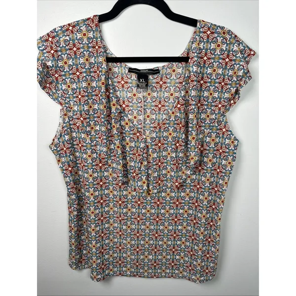 Amang NY Top Womens XL Peasant Boho V-neck Cap Sleeve Stretch‎ Colorful - Image 2