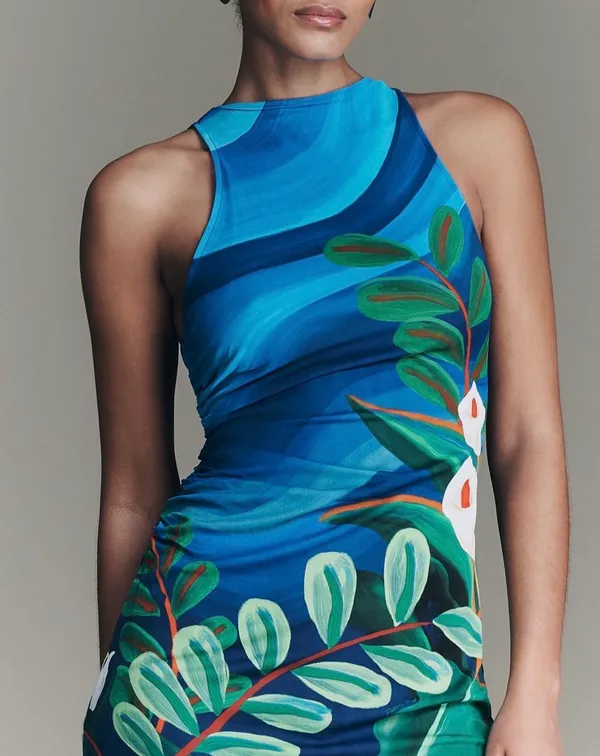 Farm Rio Tropical Garden Print Ruched Maxi Dress, Size M - Image 4
