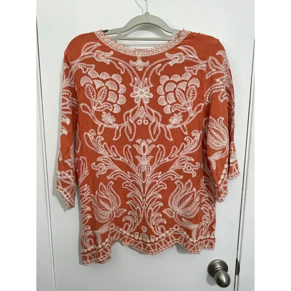 Solitaire Blouse XL Orange Floral Embroidered 3/4 Sleeve Cottage Core Boho - Image 4