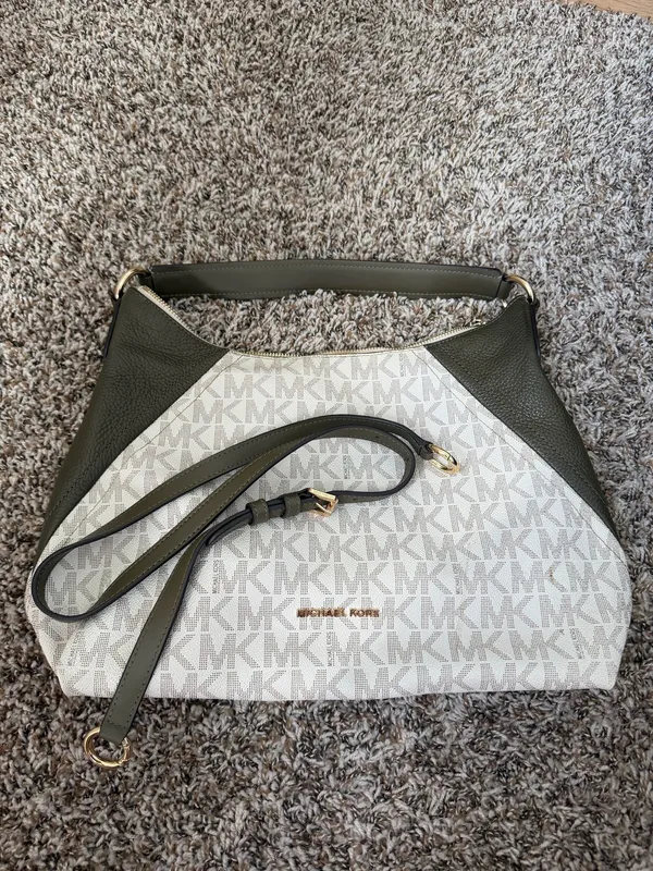 Michael Kors Aria Shoulder Bag Gold Hardware Green and Cream - Image 4