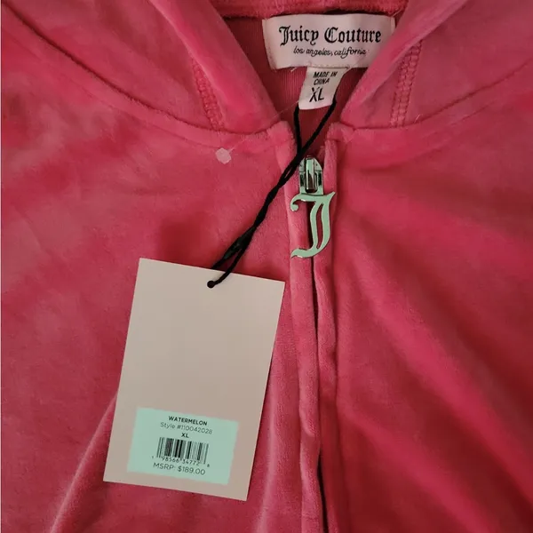 Juicy‎ Couture Watermelon Pink Velour Short Sleeve Hoodie & Shorts Set XL NWT - Image 3