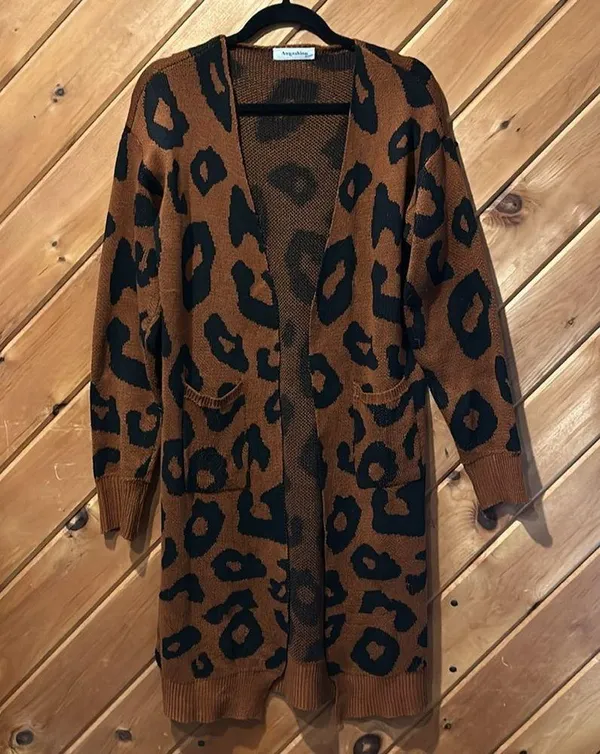 Angashion Leopard black & brown loose fit long outerwear sweater - Image 6