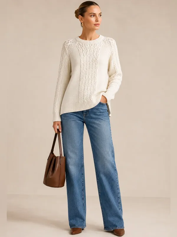 Tuckernuck Ivory Cable-Knit fisherman wool Crew neck Sweater sz L - Image 2