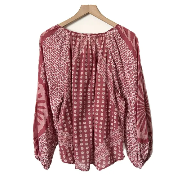Free People Elena Top 100% Cotton Pink Boho Floral Peasant Blouse Size Small - Image 3