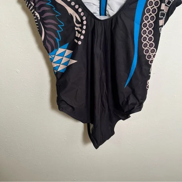 Women's Size Medium‎ One Piece Swimsuit Black Blue Beige Geometric V-Neck - Image 8