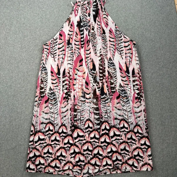 Pants Store Pink Feather Peacock Print Mini Dress Size Medium High Neck Halter - Image 8