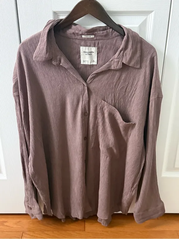 Abercrombie & Fitch Oversized Crinkle Gauze Rayon Button Down in Taupe - Image 2