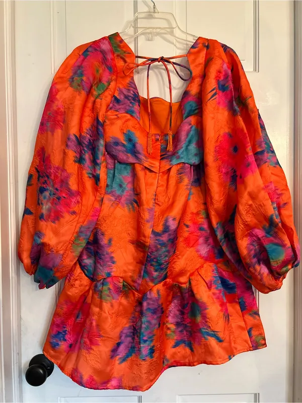 FARM Rio Orange Floral Bouquet Ikat Dress XS - Image 3