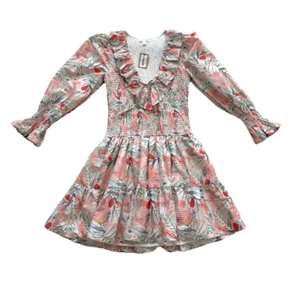Vestique Sammie Dress Peach Green Floral Smocked Deep V-Neck Mini Small NEW - Image 13
