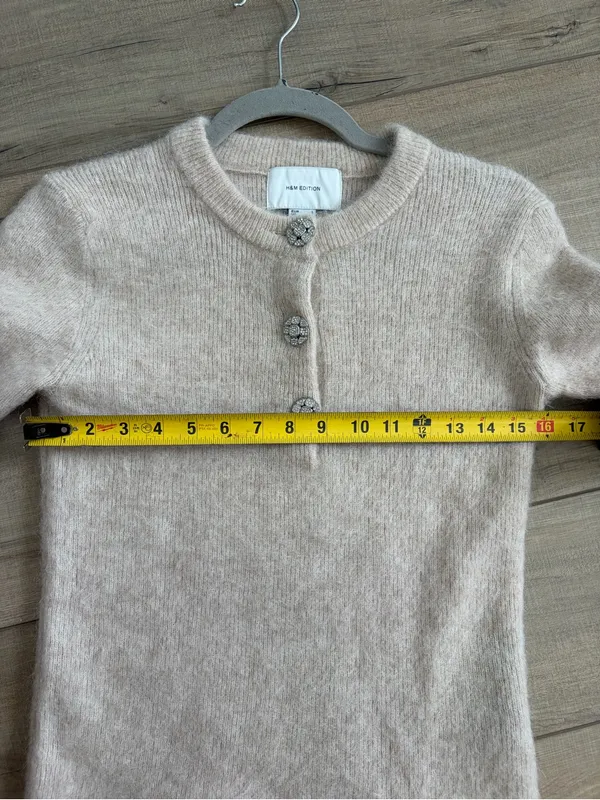 H&M Edition Tan Mohair Wool Short Sleeve Jeweled Button Knit Sweater Top NWOT S - Image 6