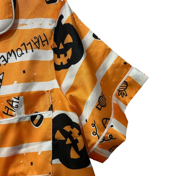 Halloween Pajama Set Pumpkin Bat Candy Satin Button Shirt Shorts XL Spooky Cute - Image 4