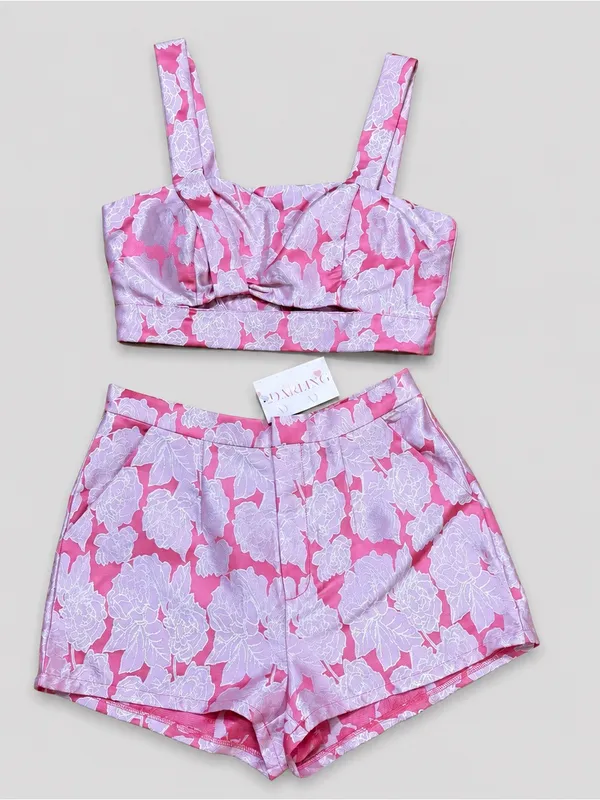 Blithe Strawberry Spritz Brocade Set NWT Med Pink Floral Crop Top Shorts Retro - Image 2