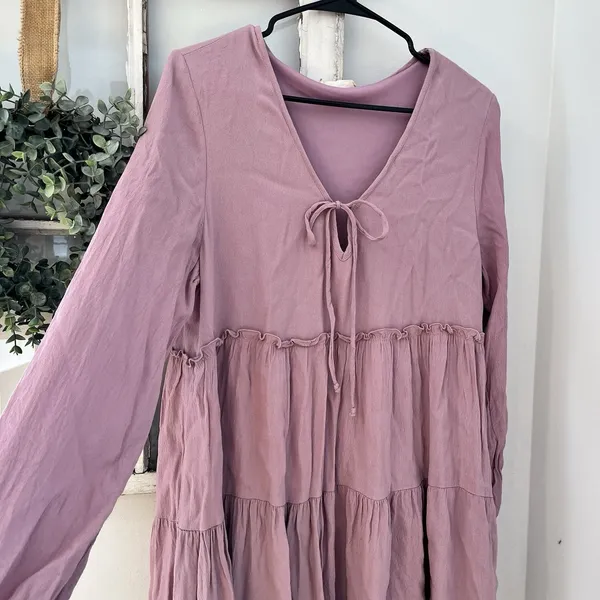 Altar'd State Tiered Ruffle Lilac Easter Spring Swing Dress Tie Front Boho‎ Sz M - Image 2