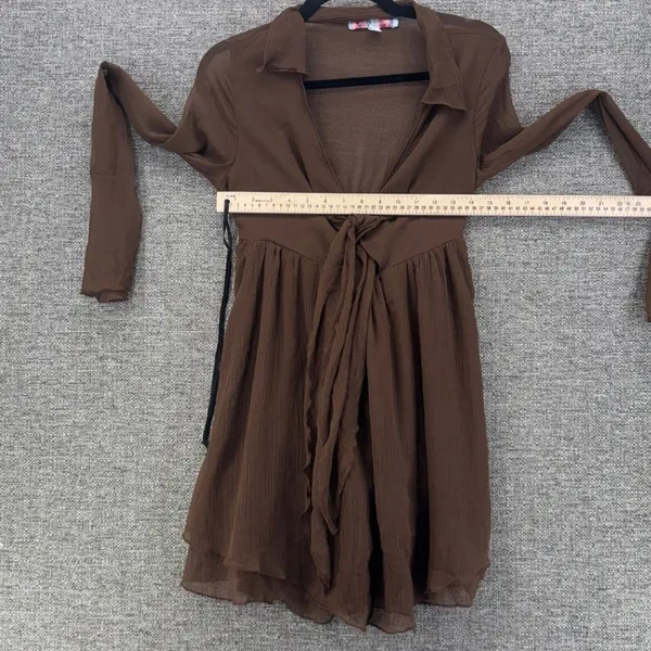 Urban Outfitters Mini Drress S Brown Tie Front Long Bell Sleeve‎ Boho Y2K Fairy - Image 11