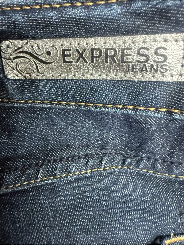 Express Dark Blue Flare Jeans with Faded Front Panels - Image 3