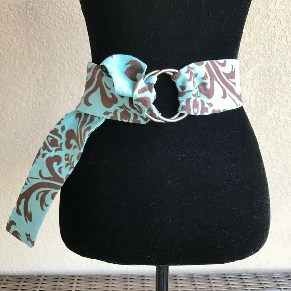 Handmade Womens Belt Brown Blue Damask‎ Wide Fabric Round Rings NEW - Image 2