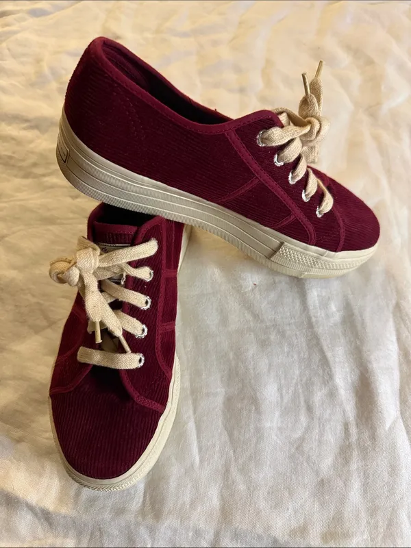 Women's Burgundy Corduroy Low-Top Sneakers with Cream Laces - Image 4