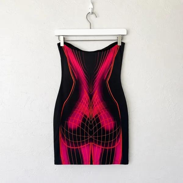 White Fox Strapless Bodycon Mini Dress Small Neon Pink Black Rave - Image 2