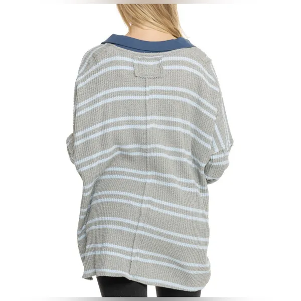Free People Striped Travis Polo Shirt - Long Sleeve (gray combo) - Image 4