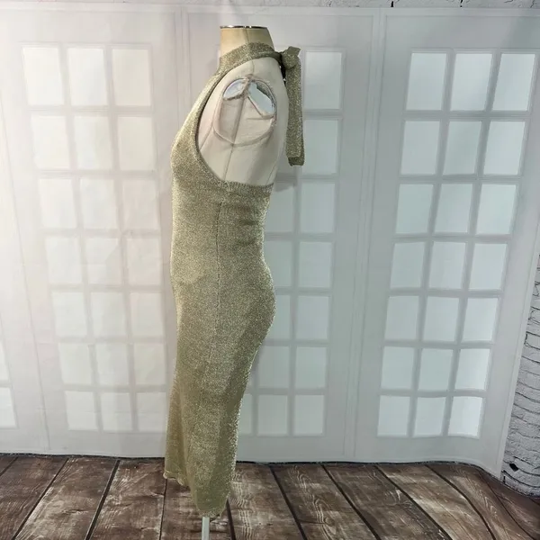 Capsulle Gold Metallic Halter Open Back Sleeveless Midi Bodycon Dress Large - Image 6
