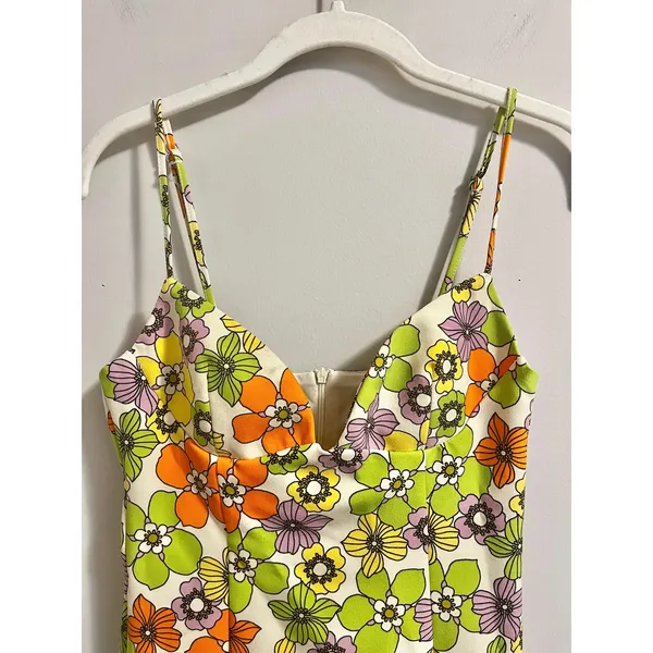 Zara Bright 70s Style Retro Floral Mini Dress Women's sz. XS Green Multicolor - Image 4