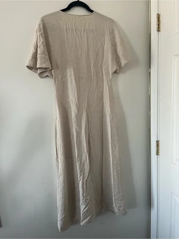 Mango Beige Linen Blend Midi Shirt Dress 4 Button Front Coastal Euro Summer - Image 7