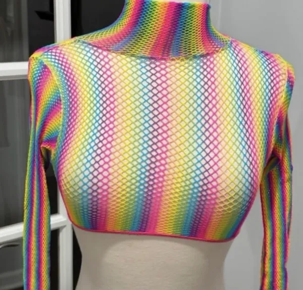 Leg Avenue Rainbow Fishnet Long Sleeve Crop Top - Image 2