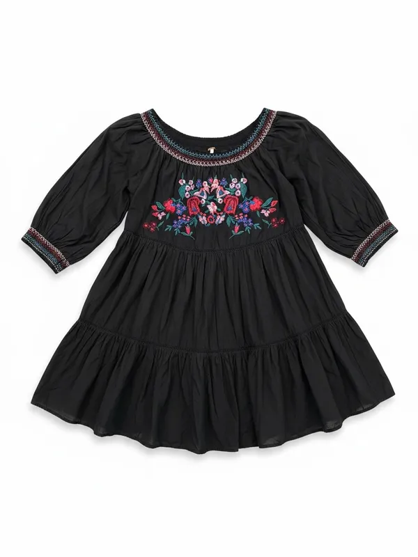 Free People Sunbeam Embroidered Floral Boho Mini Dress‎ Black Medium - Image 2