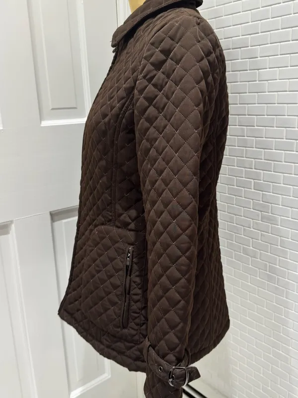 Quilted polyester chocolate brown belted jacket. Pockets. Animal print lining. M - Image 3