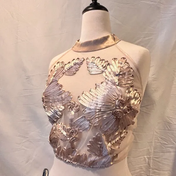 Floral Satin Ribbon & Mesh Embroidered 3D Sheer Sleeveless Tank Top Crop Top - Image 4