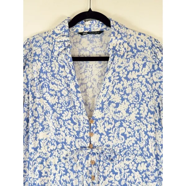 ZARA Womens Dress Blue Midi Floral Ditsy Shirtdress Linen Short Sleeve Medium - Image 7