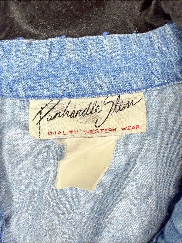 Vintage panhandler slim blue jean denim embroidered western button shirt lg - Image 4