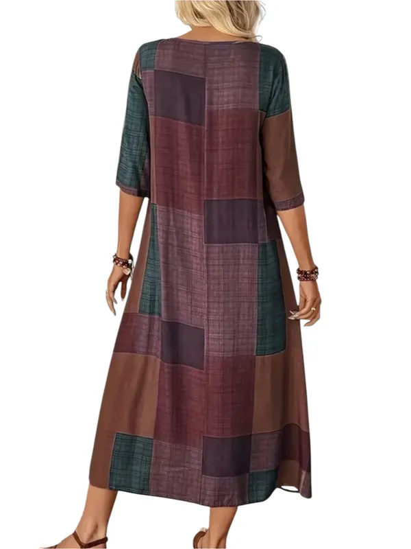 Boutique Patchwork Print Maxi Dress Burgundy Multi Boho Shift 3/4 Sleeve M NWOT - Image 3