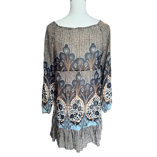 Boho Mixed Paisley Floral Print Ruffle Hem Tunic Top Black Blue Tan Tie Neck‎ - Image 3