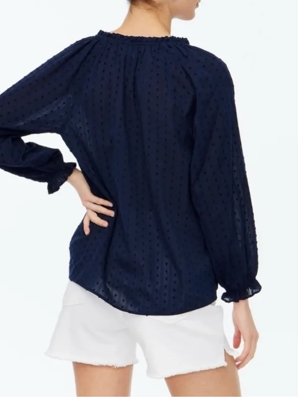 J. Crew Factory Navy Blue Swiss Dot Split Neck Ruffle Trim Blouse Size M - Image 3