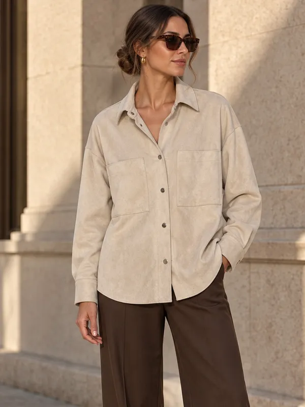 Zara Faux Suede Shacket Womens Small Beige Oversized Snap Front Shirt Jacket - Image 2