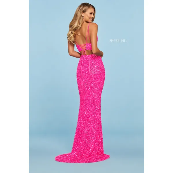 Sherri Hill 53448‎ Neon Pink Sequin Two Piece Gown High Slit Dress Sz 4 NWT - Image 4