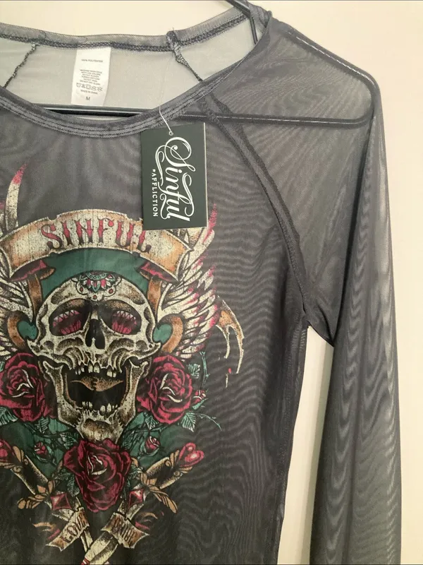 SinfulBlack Sheer Long Sleeve Crop Top with Red Rose & Gold Skull Graphic - Image 3