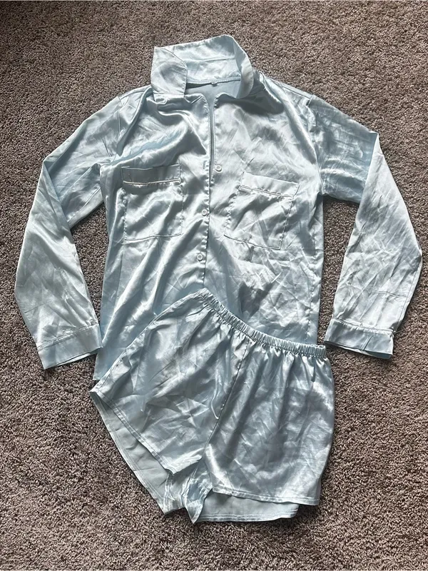 Light Blue Satin Pajama Set - Two Piece Top & Shorts - Image 2