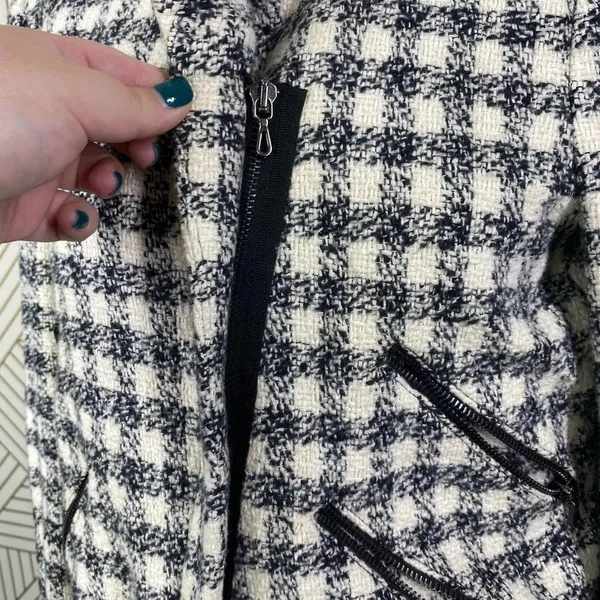 Zara Basic Checker Plaid Tweed Moto Jacket in Black & Cream Size US Medium‎ - Image 4