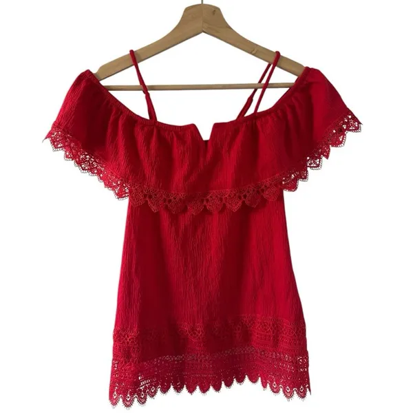 No Boundaries Red Off the Shoulder Lace Boho Top Small Flirty Festival Romantic - Image 3