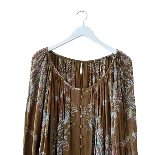 Free People Brown green hippie babydoll peasant dress balloon sleeves S #1993 - Image 2
